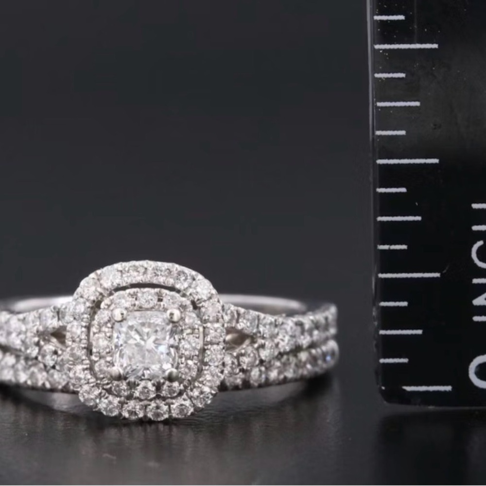 Double Halo Round Real Diamond Wedding Ring in 14k White Gold - Picture 3 of 13